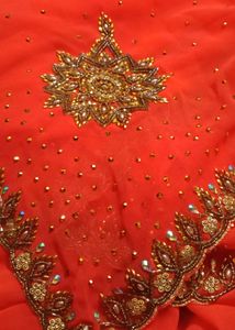 Elegant Orange stone Saree with stitched blo