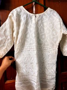 Embroidered Cream Kurta with Blue Neck Design