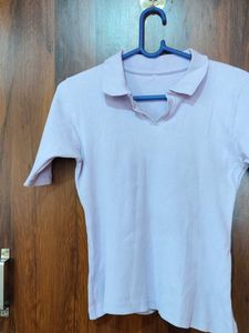 Ribbed Collared Short Sleeve Top
