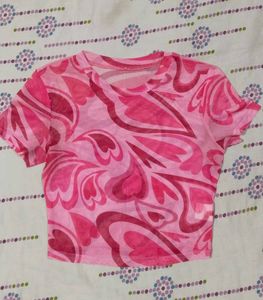 Mesh Pink Heart Print Cropped Top