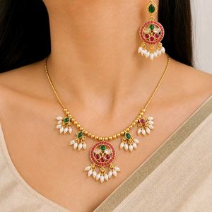 Traditional Gold-Plated Pink &amp; Green Stone Necklac