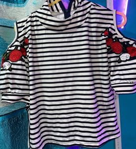 Striped Cold-Shoulder Top with Rose Embroidery