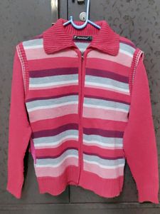 Red, Multi Colour Woolen Sweater With Zip