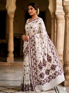 Elegant White Floral Print Saree