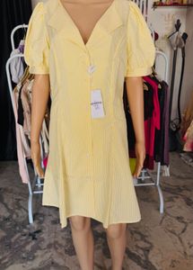 Yellow Striped Puff Sleeve Mini Dress