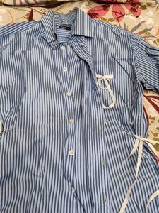 Blue Striped Button-Up Shirt with Tie Details