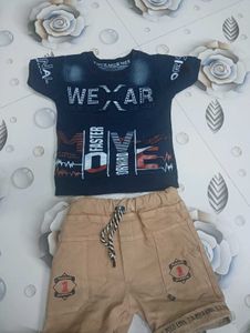 Kids Navy Blue T-Shirt & Tan Shorts Set