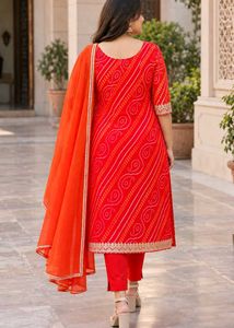 Red Bandhani Pure Georgette Booti Suit Set