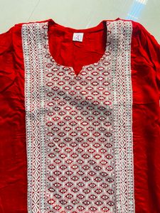 Red Chikankari Neck Design Kurta With Whitelegging