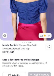 Blue Solid Sweet Heart Neck Line Top