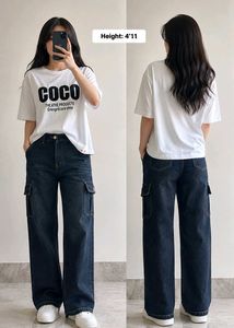 🤍💙 White COCO T-Shirt + Dark Blue Cargo Jeans Co