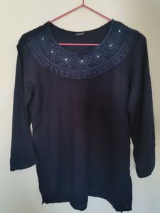 Elegant Navy Blue Kurta with Embellished Neckline
