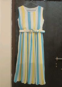 Striped Pleated Midi Dress with Belt