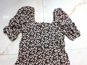 Floral Puff Sleeve Midi Dress with slit