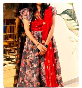 Long Ghera Ethnic Gown With Work Dupatta