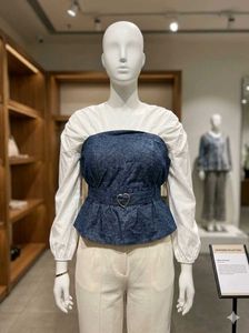 Chic Denim &amp; White Puff Sleeve Top