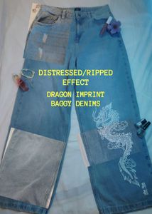 Dragon Print Distressed Baggy Jeans