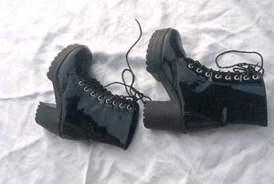Glossy Black Platform Heel Ankle Boots