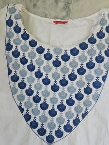 White Kurta with Blue Embroidery