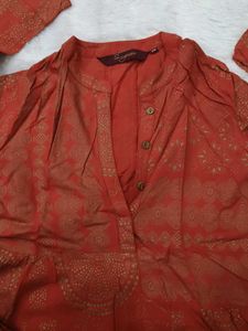 Rust Orange Kurta Set with Gold Print