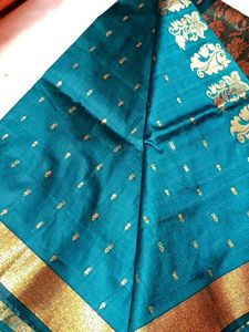 Elegant Teal Saree with Gold Paisley Border