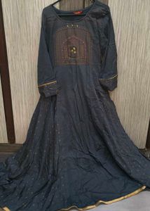 Elegant Dark Grey Kurta with Embellished Neckline