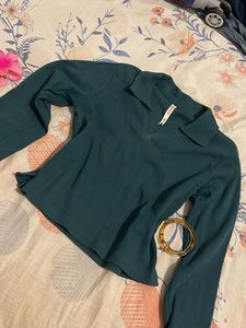 Stylish Teal Ribbed Collared Top