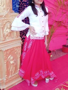White Top And Red Side Cut Long Skirt (Ethnic Wear)