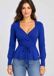 Chic Blue Wrap Top with Tie Belt