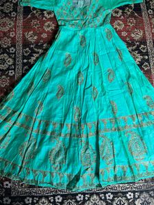 Beautiful Teal Ethnic Gown with Gold Print know an