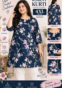 Navy Floral Print Kurta - Plus Size