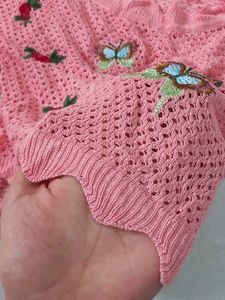 Pink Embroidered Knit Crop Top