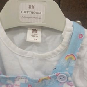 dungree style frock from toffyhouse for baby girl. white and blue . wore only once. recently purchased.  size 1 to 3 months