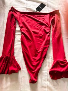 Red Off-Shoulder Ruffle Sleeve Bodysuit