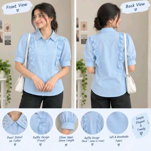 Blue Ruffled Button-Up Shirt