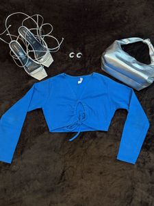 Blue Ruched Drawstring Crop Top