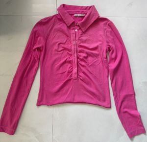 Vibrant Pink Ruched Collared Top