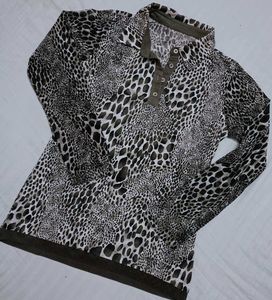 Chic Animal Print Long Sleeve Polo Top