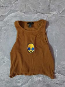 Brown Ribbed Crop Tank Top with Alien Patch