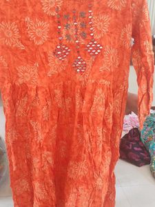 Orange Printed Kurta with Mirror Work