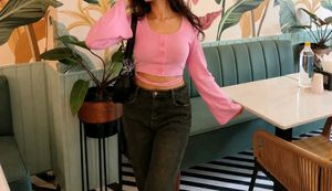 Pink Bell Sleeve Crop Top