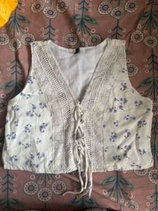 White Floral Lace-Up Crop Top