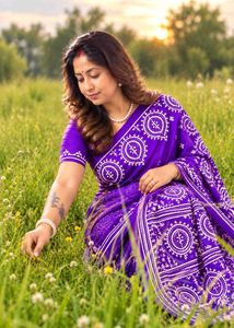Purple Silk Saree with White Gujarati Stitch