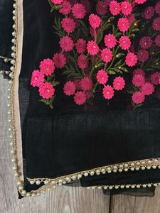 Black Net saree with Pink Floral Embroidery