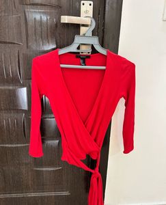 Forever21 Red Wrap Long Sleeve Crop Top
