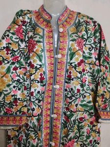 Ivory Kashmiri Aari Embroidered Woolen Long Jacket