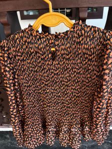 Pleated Blouse - Orange &amp; Black Pattern