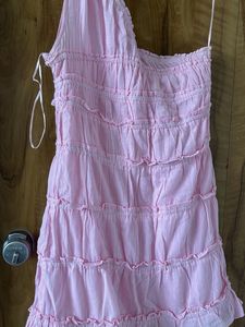 Cute Pink One-Shoulder Tiered Mini Dress