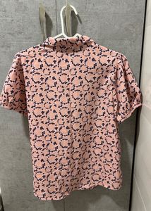 Pink Floral Short Sleeve Button-Up Blouse