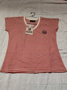 Red &amp; White Striped V-Neck Top